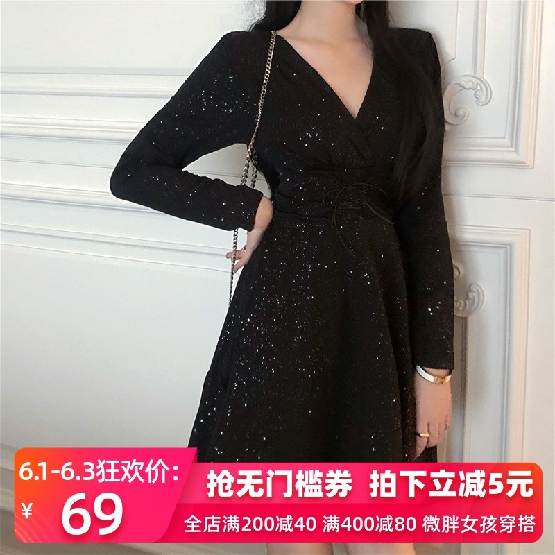 大码女装zmzf亮闪闪blingbling连衣裙2020春秋新款胖mm小黑裙显瘦