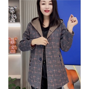 春秋新款中老年妈妈装毛呢外套中长款女士上衣女时尚百搭休闲开衫