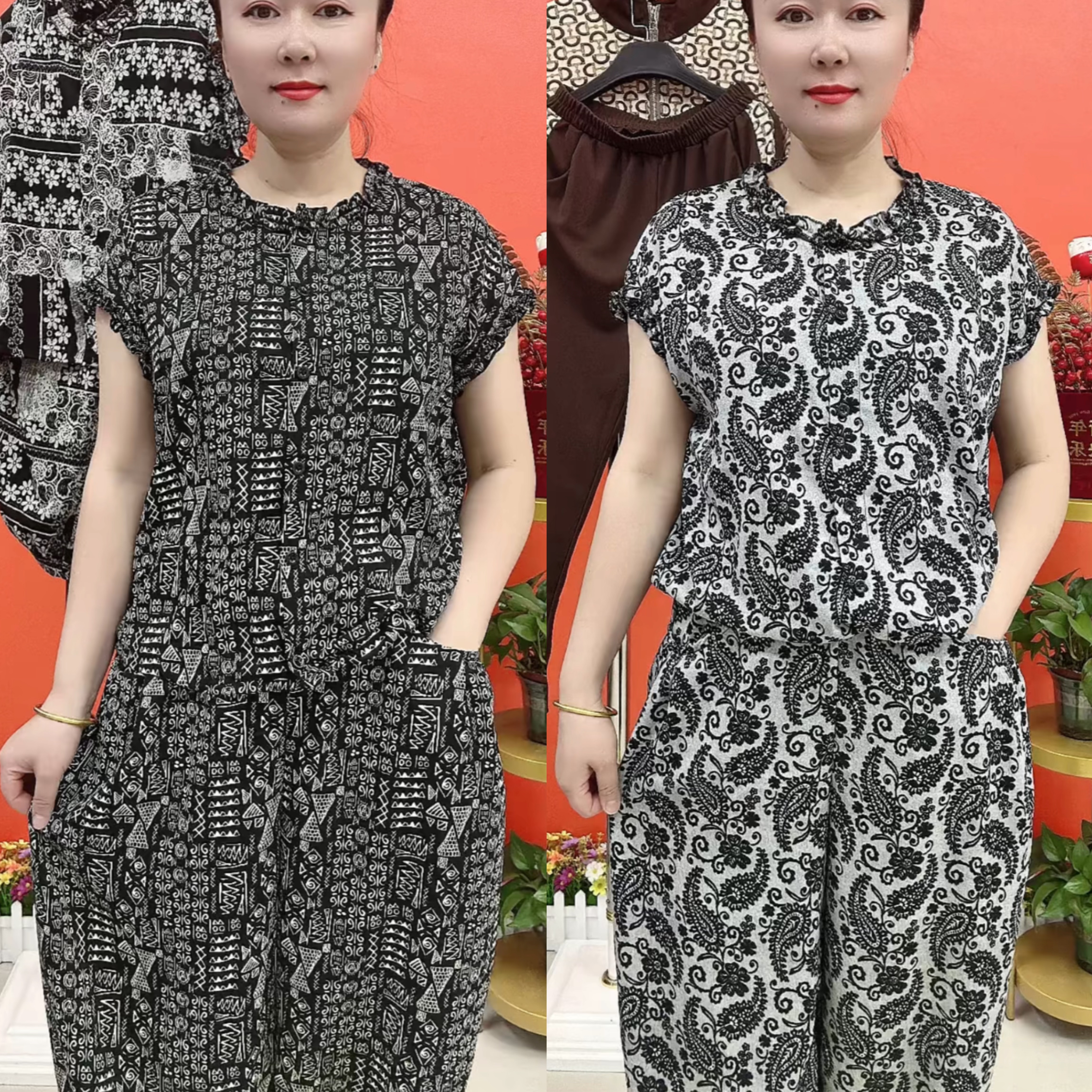 夏季新款女士薄款花色套装两件套