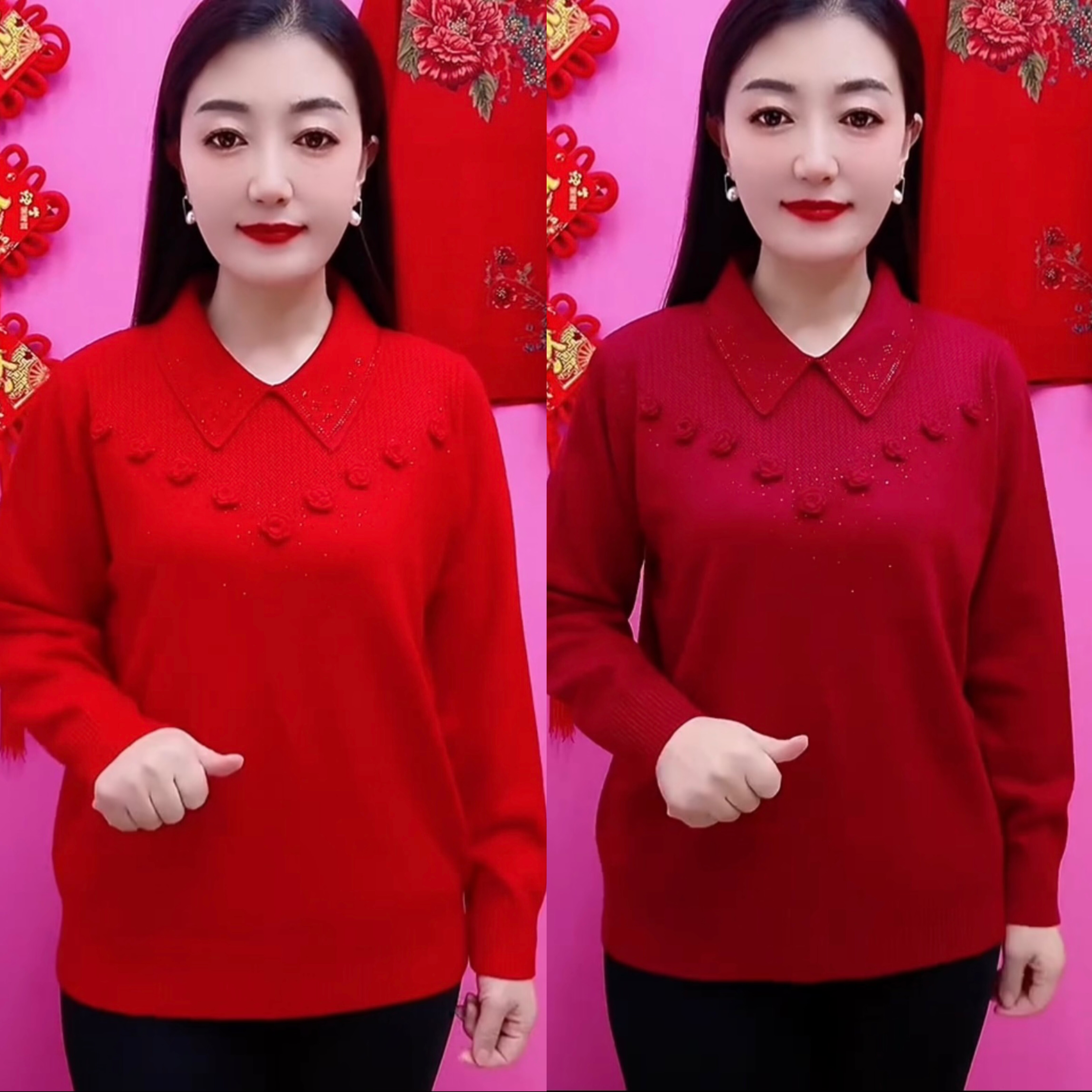 秋冬立体花女士娃娃领毛衣针织衫