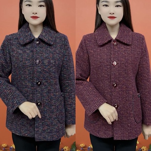 秋冬新款女士翻领厚款外套中老年妈妈装百搭上衣小格子高档女装潮