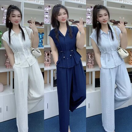 夏季女士时尚套装无袖衬衫阔腿裤气质减龄两件套舒适百搭2026新款