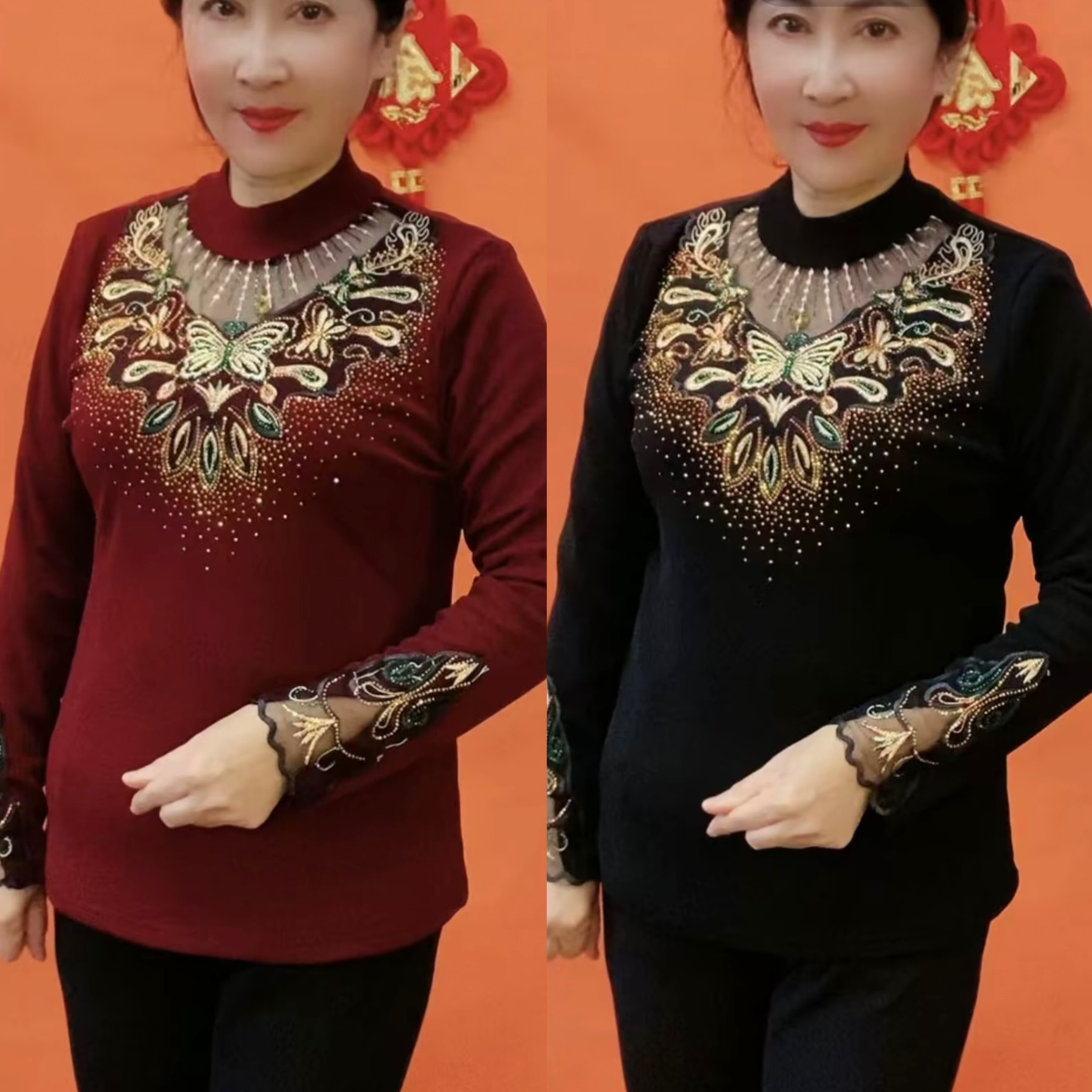 秋冬新款女士加绒保暖打底衫中老年妈妈装镂空绣花洋气小衫时尚潮