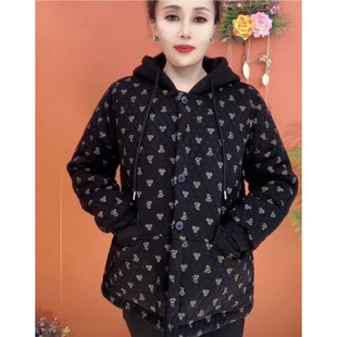 秋冬新款 上衣花色洋气休闲连帽棉服 女士加棉保暖外套中老年妈妈装