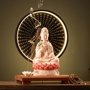 家用坐莲观音佛像禅意摆件陶瓷南海观世音菩萨实木供奉底座装饰灯