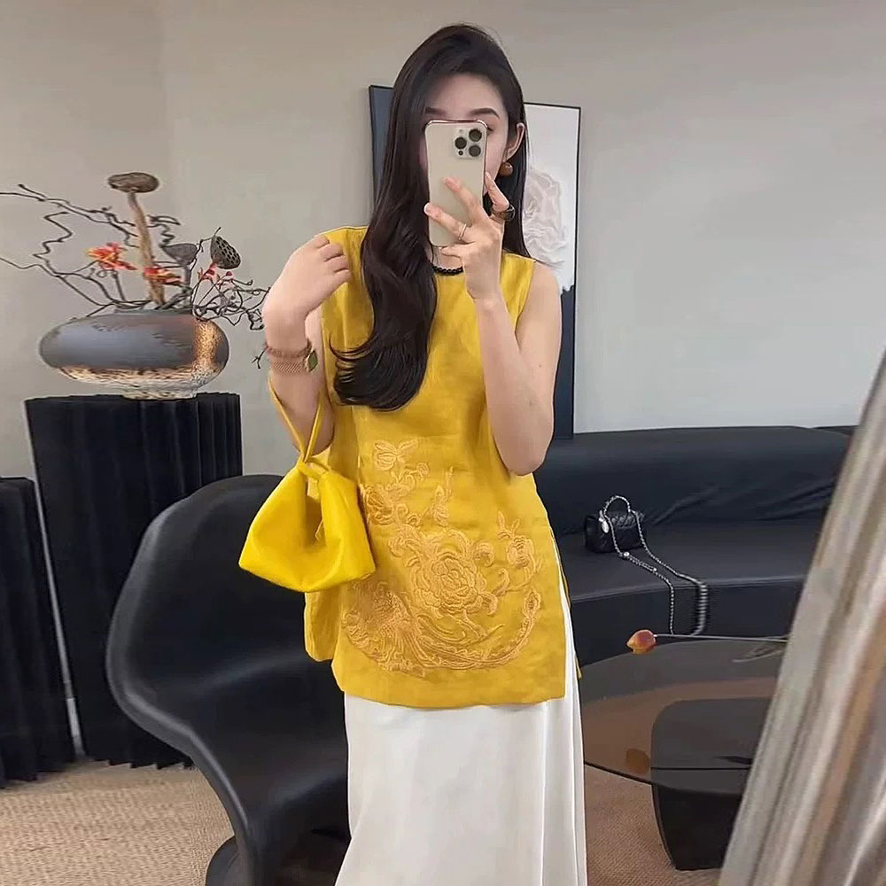 夏季高端重工女士无袖衬衫上衣女中式国风复古老钱风时尚气质背心