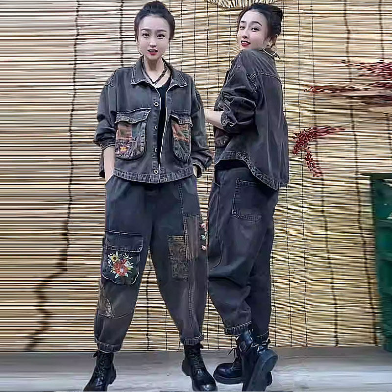 复古时尚刺绣加棉牛仔套装女2025冬新款大码洋气外套哈伦裤两件套,女装/女士精品,时尚套装,淘宝优惠券,粉丝福利购,淘宝优惠卷