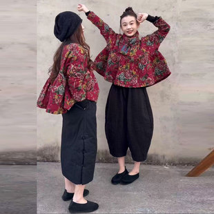 复古文艺大花棉麻长袖夹棉娃娃衫棉衣+八分靴裤两件套女冬季套装