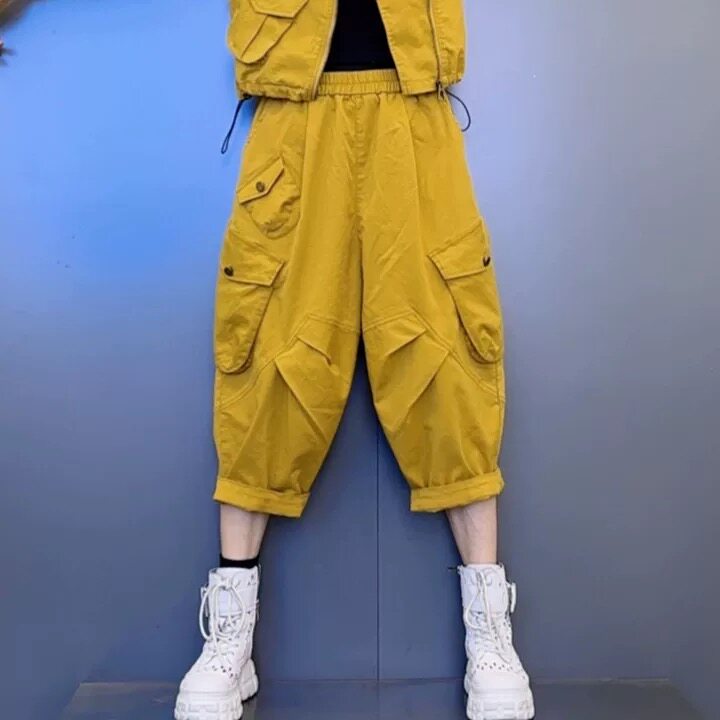 大口袋工装裤女七分休闲裤2025年夏季薄款灯笼裤五分裤宽松哈伦裤