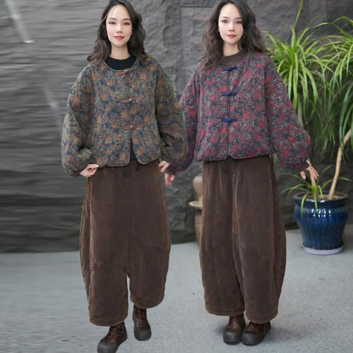 盘扣花棉袄+高腰加厚棉裤两件套