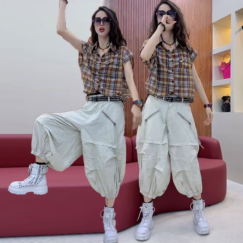 时尚大码套装女2025夏款复古格子短袖衬衣+高腰灯笼九分裤两件套