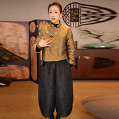 立领外套高腰提花九分裤 中式 春秋新款 大码 盘扣斜门禁外套上衣套装