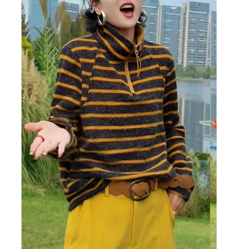 半拉链条纹双面绒针织衫秋冬