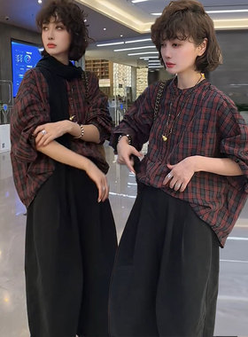 2025秋季新款时尚休闲撞色圆领长袖花格子宽松显瘦舒适百搭衬衫女