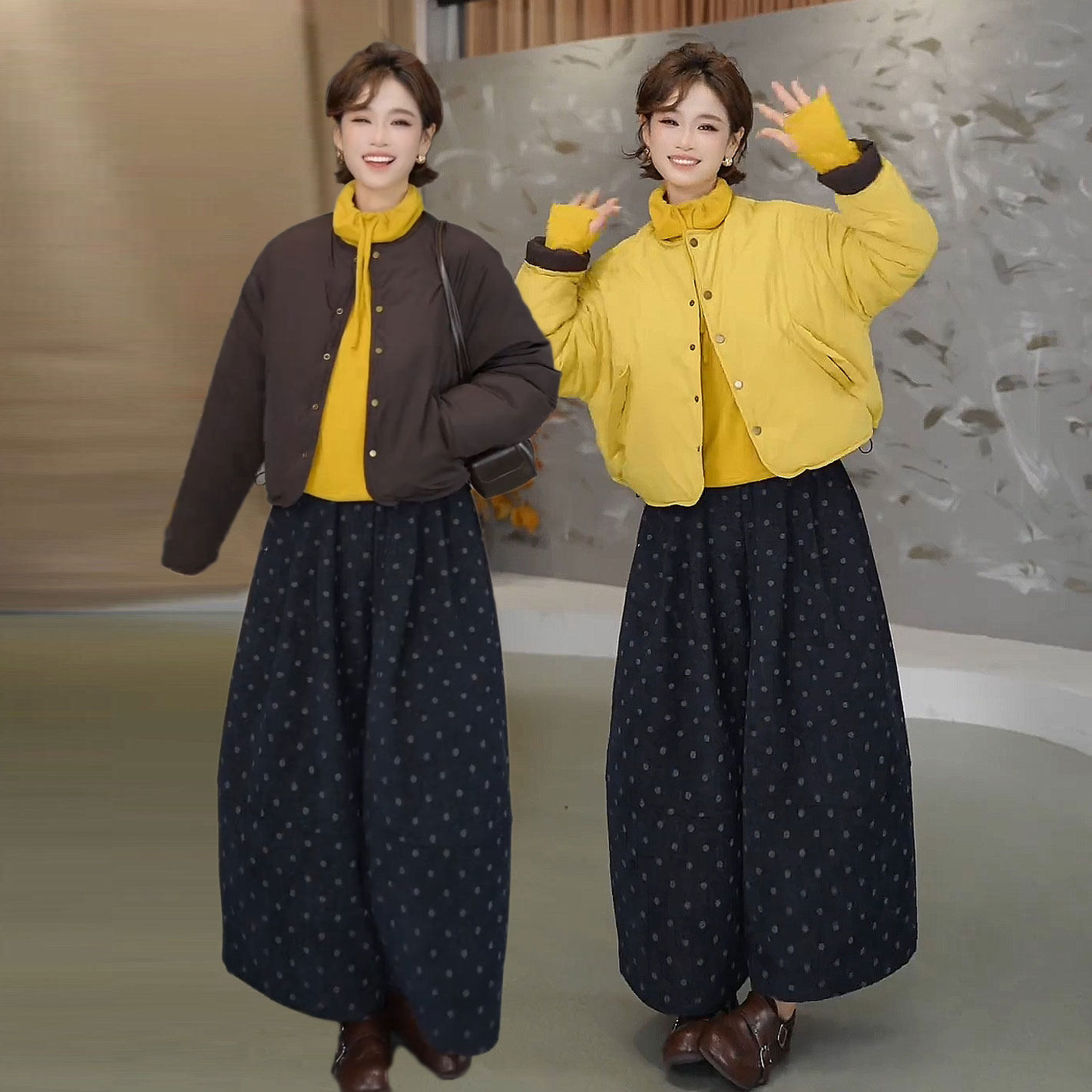 秋冬韩系圆领两面穿棉衣外套+波点休闲裤两件套女大码时尚套装潮