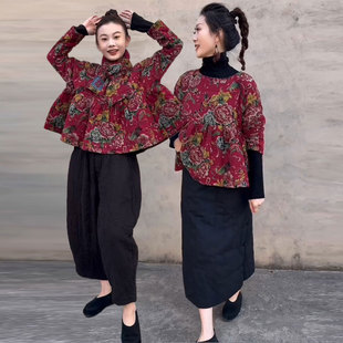 松紧腰夹棉半身裙棉裤 棉衣 两件套 复古民族风圆领印花娃娃衫 时尚