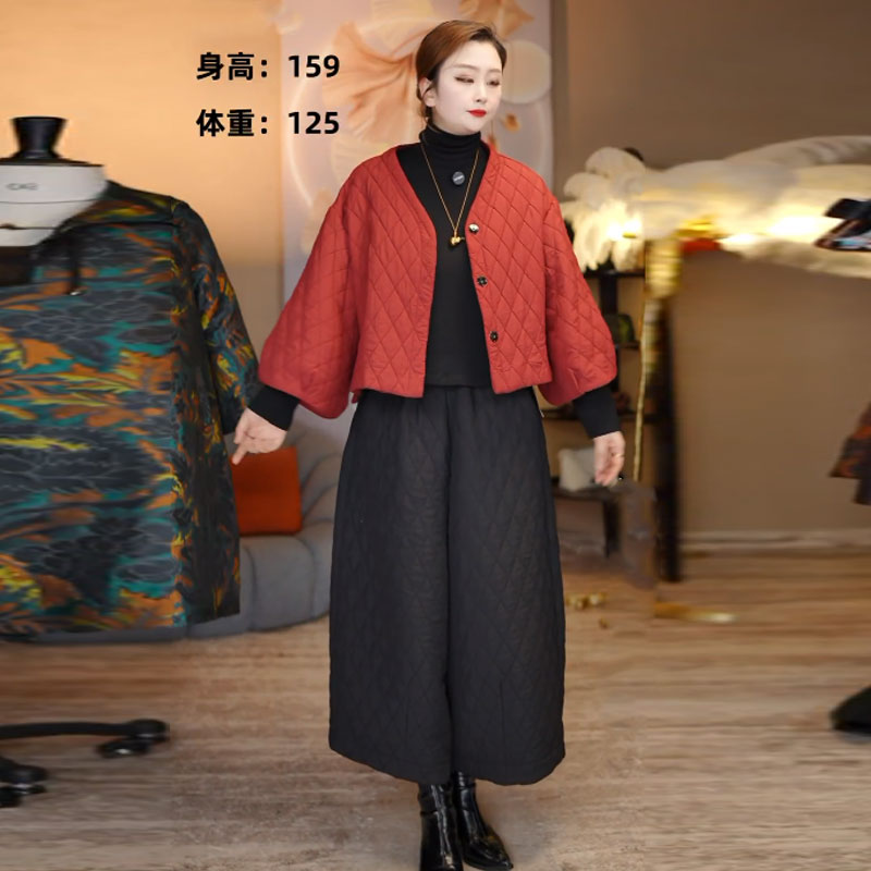 欧货大码加棉棉衣棉裤套装女秋冬新款V领保暖薄款外套+直通休闲裤