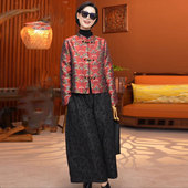 国风套装 红色外套 女2026秋装 大码 新款 立领中式 提花九分裤 两件套