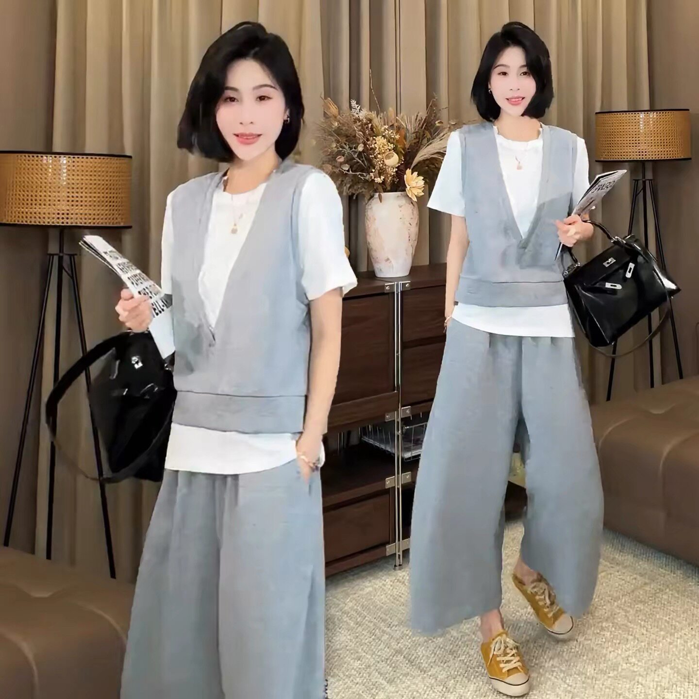 时尚套装女2026夏季新款百搭V领马甲短袖T恤八分阔腿裤休闲三件套