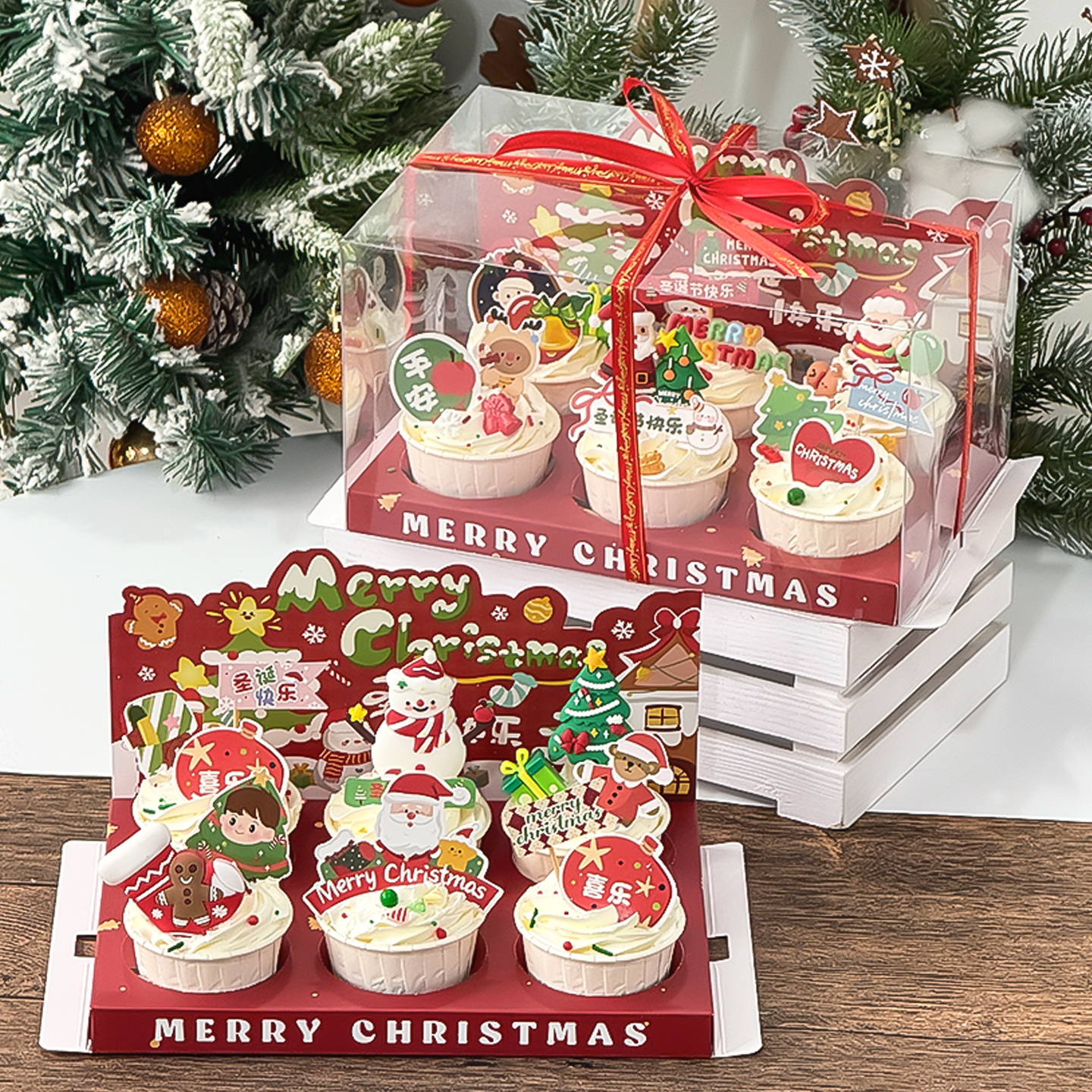 圣诞节纸杯包装盒6粒打包甜品盒圣诞老人圣诞树烘焙蛋糕装饰插件