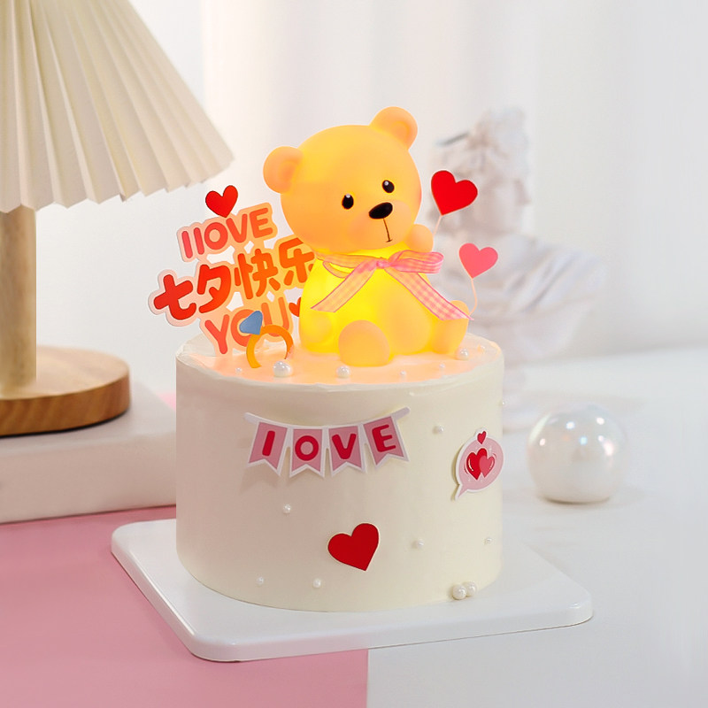 情人节蛋糕装饰夜灯发光小熊摆件情侣表白七夕快乐礼物甜品台装扮