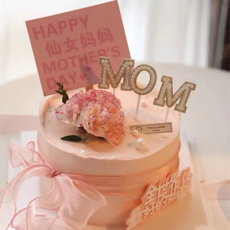 母亲节康乃馨仙女妈妈蛋糕装饰插牌唯美白色珍珠mom烘焙甜品插件