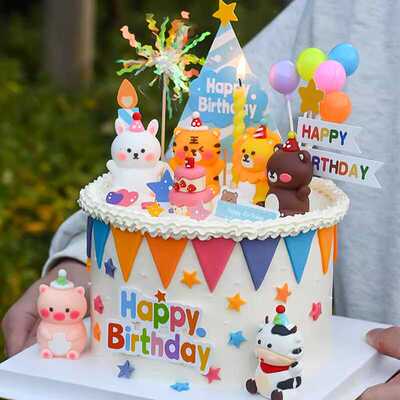 卡通动物派对蛋糕装饰可爱ins风老虎熊兔儿童生日帽雨丝蛋糕摆件
