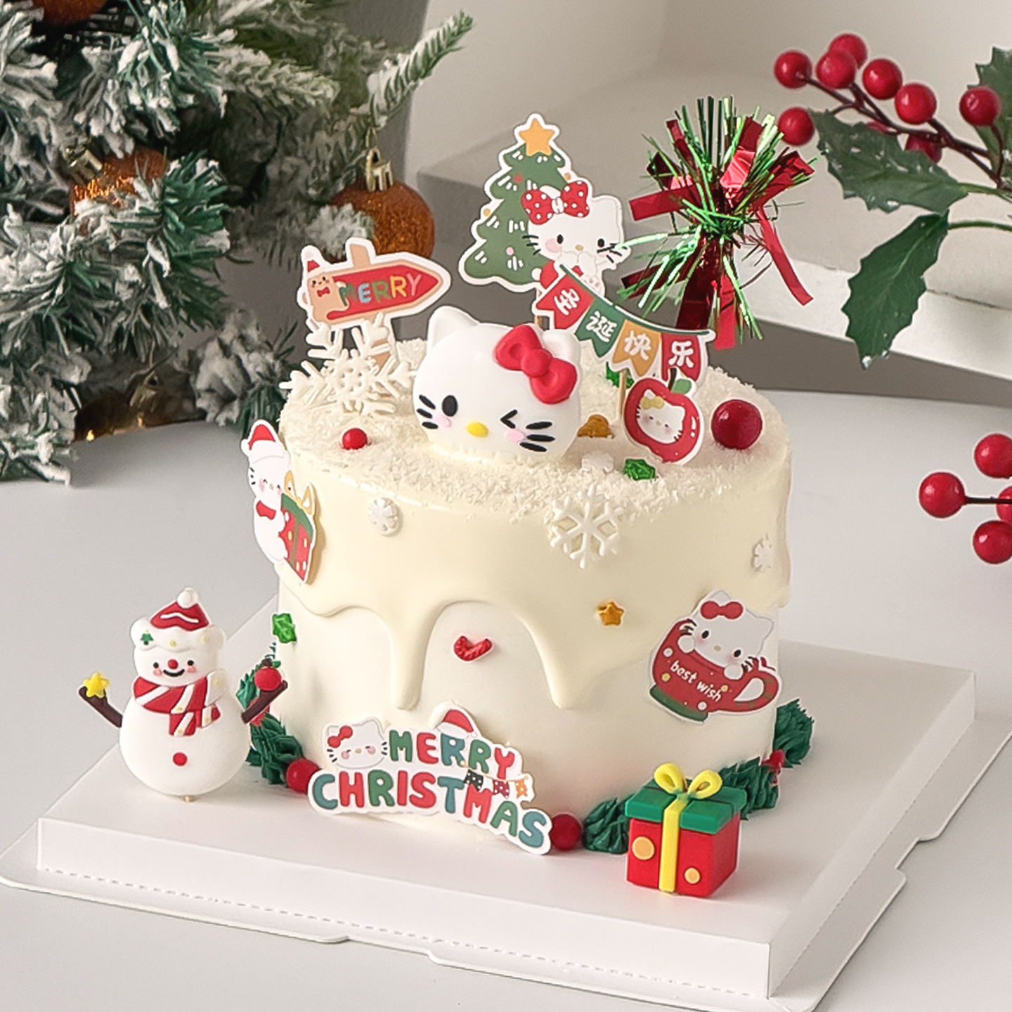 圣诞节快乐蛋糕装饰圣诞KT猫摆件圣诞雪人礼物盒圣诞雨丝烘焙插件