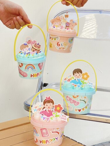 微甜同款六一奶油蛋糕桶食品级3寸4寸儿童节烘焙手提小桶装饰插牌
