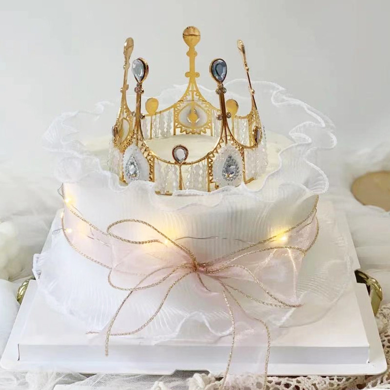 网纱皇冠蛋糕装饰摆件皱皱纱丝带花束蛋糕围边生日女神母亲节装扮图片