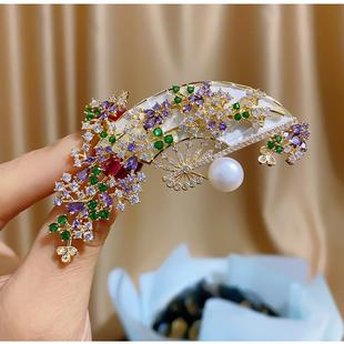 优雅气质复古中国风扇子胸花大衣旗袍配饰镶锆石淡水珍珠扇形胸针