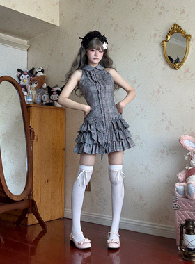 茉莉白jasmine原创设计 复古格子挂脖连衣裙 正腰版