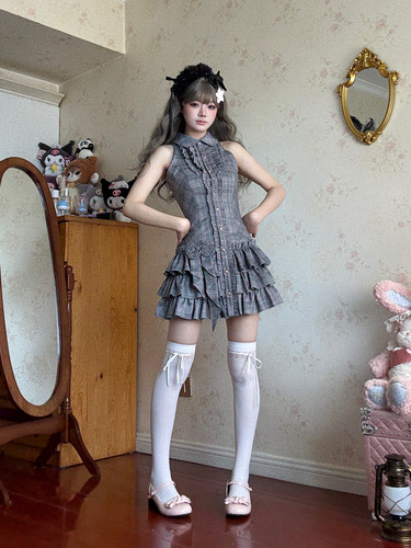 茉莉白jasmine原创设计 复古格子挂脖连衣裙 正腰版