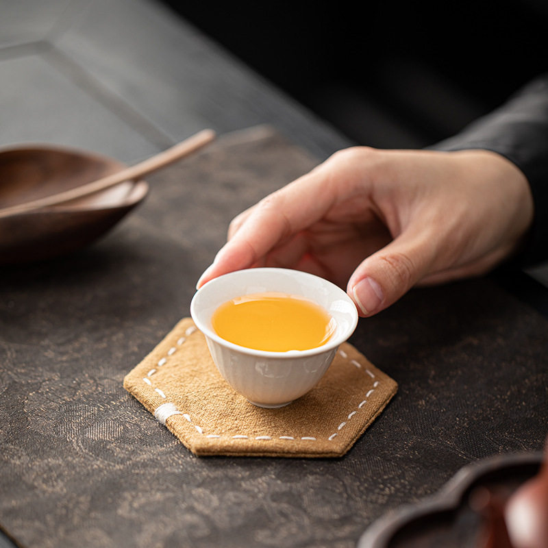 日式棉麻土布刺子点绣杯