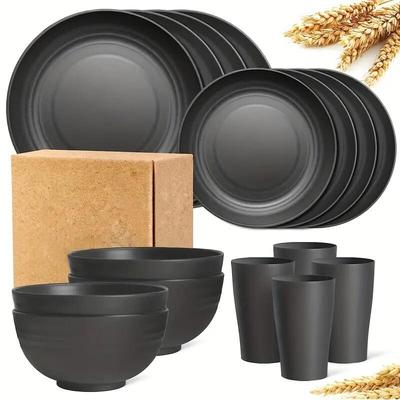 16 piece set of black plastic cups plates bowl and tableware