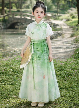 女童汉服夏季新款薄款超仙中国风马面裙套装儿童绿色绣花中式唐装