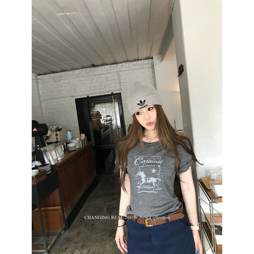 CHANGING REAL 小马tee 灰色印花短袖T恤夏季韩系显瘦圆领上衣