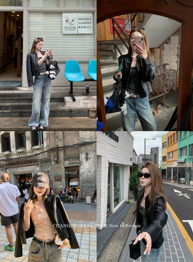 CHANGING REAL 无人之境 黑色木耳边皮衣外套女早秋韩版休闲夹克