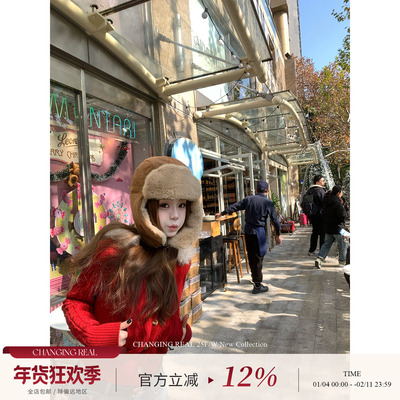 CHANGINGREAL红色连帽麻花毛衣