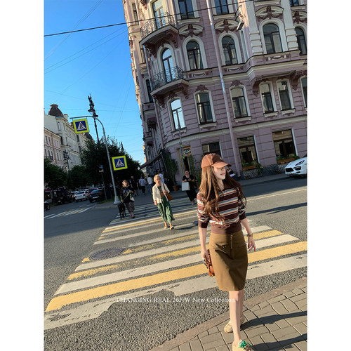 CHANGING REAL 经典条纹 Polo领撞色针织上衣女韩系百搭打底长袖