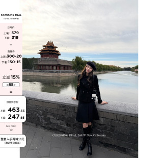 CHANGING REAL 京都漫曳 黑色羊毛套装女毛呢外套半身裙两件套