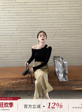 CHANGING REAL 东京杂志社 斜肩黑色长袖T设计感小心机百搭上衣女