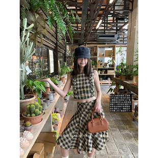 CHANGING REAL 米兰纪事 miu系格纹花边背心半身裙女马甲套装夏