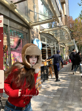 CHANGING REAL珍妮甜茶 新年红色连帽毛领麻花毛衣女韩系针织开衫