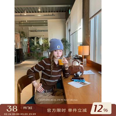 CHANGINGREAL棕色条纹针织衫女