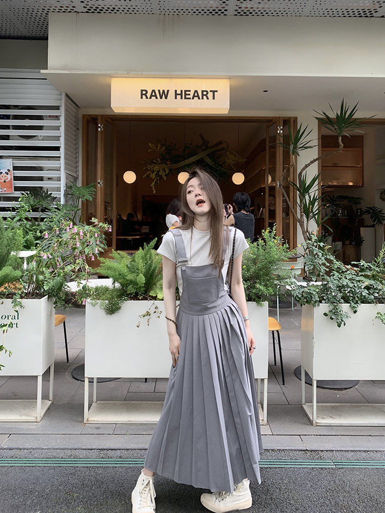 CHANGING REAL 银河系岛屿 灰色长款百褶裙减龄时髦设计感背带裙