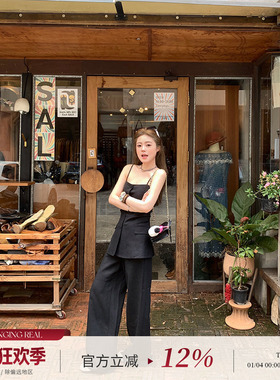 CHANGING REAL 柏林棱线 黑色亚麻显瘦套装女吊带上衣阔腿长裤女