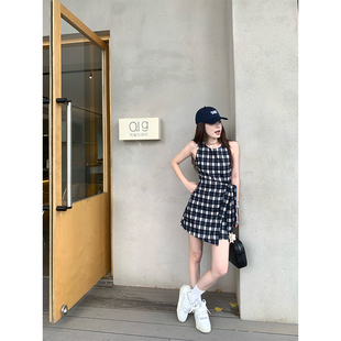 CHANGING REAL 廊桥麦莉恩格纹连衣裙设计感百搭收腰系带短裙女夏