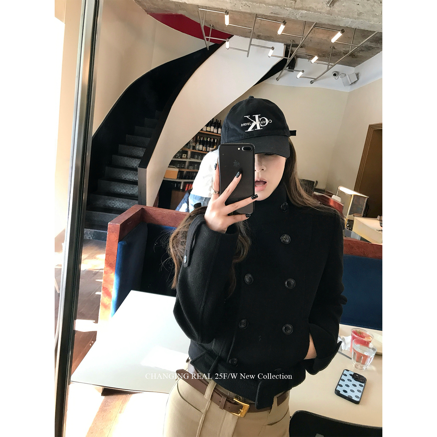 CHANGINGREAL黑色夹棉毛呢外套