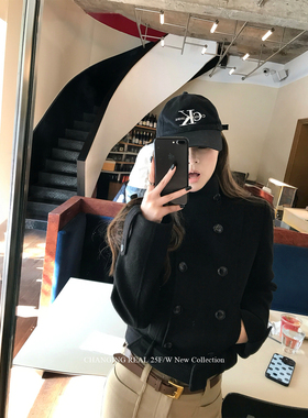 CHANGING REAL 巴黎记事 黑色双排扣夹棉毛呢外套连衣裙两穿女冬